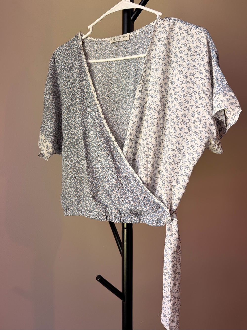 Paper Crane Blue and White Floral Wrap Crop Top